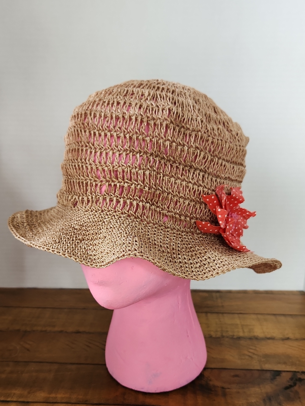 Vintage Woven Straw Sun Hat with Red Polka Dot Flower